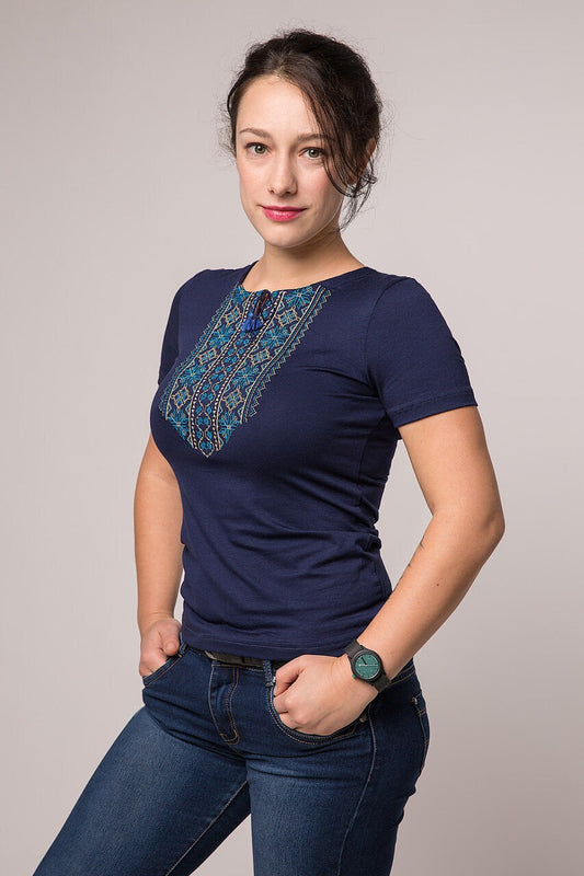 Sizes S-5XL. Navy Fitted T-Shirt with Geometric Embroidery - Modern Folk Tee
