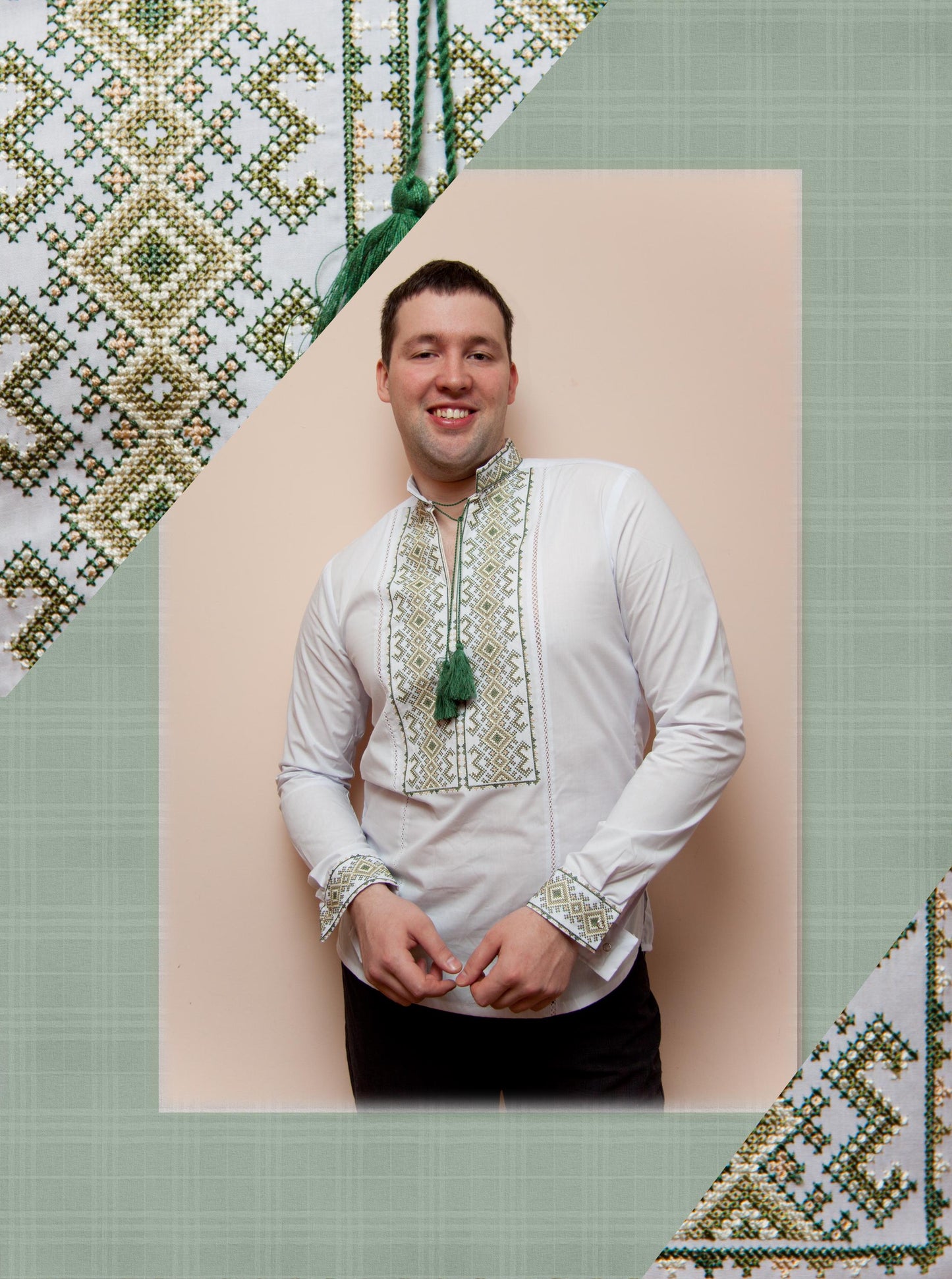 Size XS! White Men's Ukrainian Embroidered Shirt – Long Sleeve Vyshyvanka with Green Geometric Pattern and Tassels