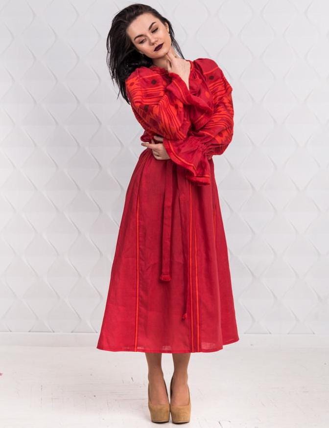 Size S/6US! Gorgeous Bohemian Red Embroidered Dress - Stylish Folk Party Maxi Dress