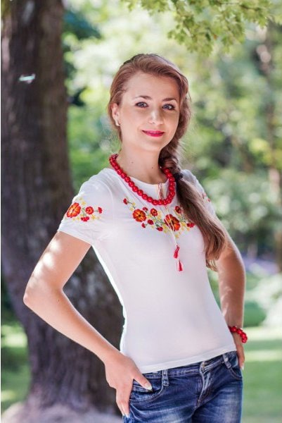 Size XXL. White Summer Top with Orange Floral Embroidery and Folk Accents