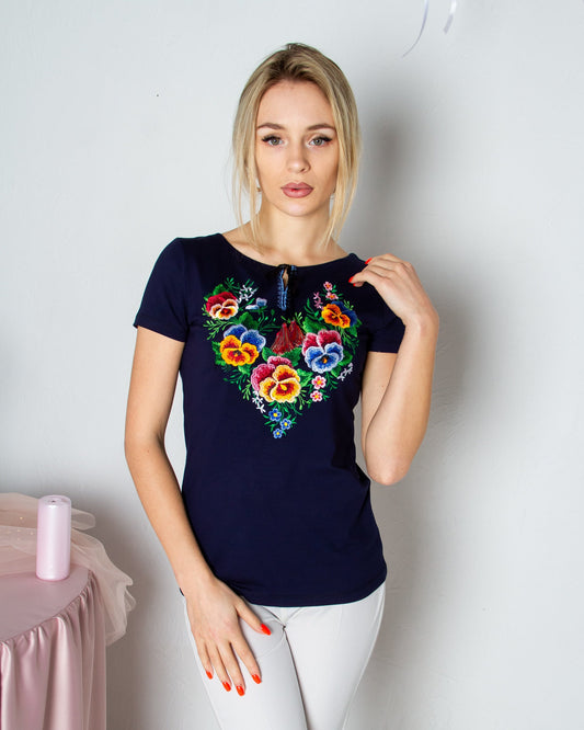 Sizes M-XXL. Mexican Blue Embroidered Tee - Embroidered Short Sleeve T-Shirt - Ukrainian Folk Top