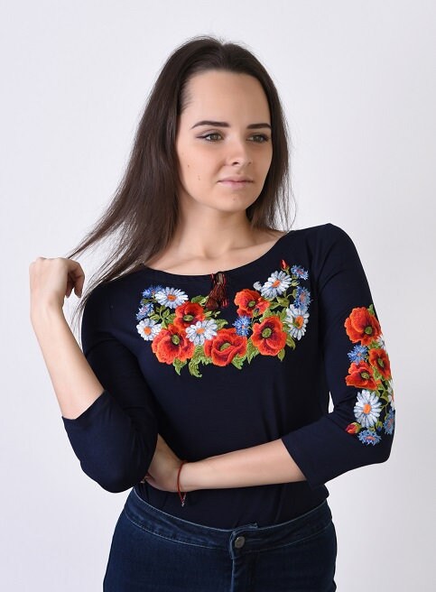 Sizes S,M. Navy Women's Shirt. Floral Embroidered T-Shirt. Bohemian Mexican Top. Ethnic Flower Tee. Folk Chic Soft Blouse. Dark Blue Vyshyvanka