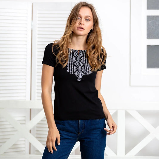 Sizes S-3XL. Black Embroidered Ukrainian Folk T-Shirt – Handmade Boho Top with White Cross-Stitch Design, Slavic Heritage Tee for Women