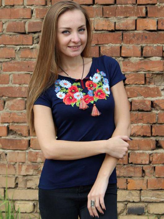 Size M. Navy Floral Tee with Poppies and Daisies - Ukrainian Embroidery Top