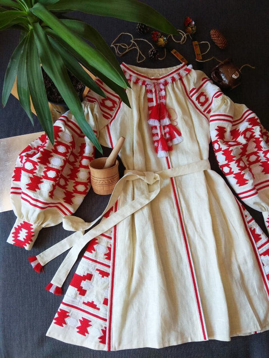 Size 6US/38EU! Ivory Linen Embroidered Dress - Ukrainian Folk Caftan - Fashion Beige Abaya