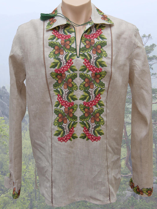 Size L! Linen Ukrainian Men's Embroidered Shirt – "Oak & Viburnum" Botanical Vyshyvanka with Long Sleeves and Traditional Design