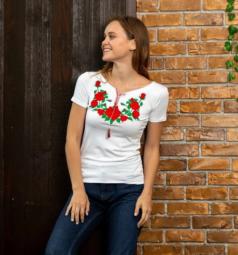 Size L. Women's Vyshyvanka T-Shirt - Ukrainian Ethnic Embroidered Tee - White Boho Top with Roses