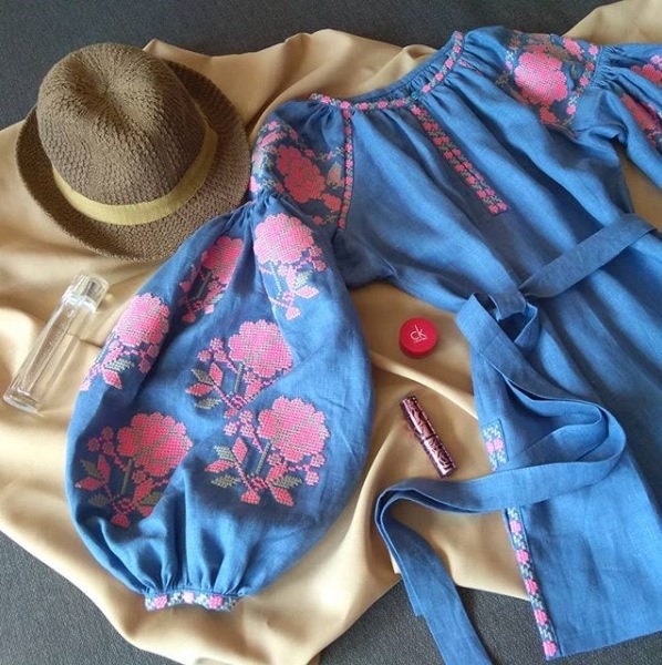 Size XS. Blue Women's Embroidered Top. Ukrainian Vyshyvanka Shirt. Mexican Blouse. Elegant Abaya Caftan. Light Spring Style. Boho Chic Ethno Look