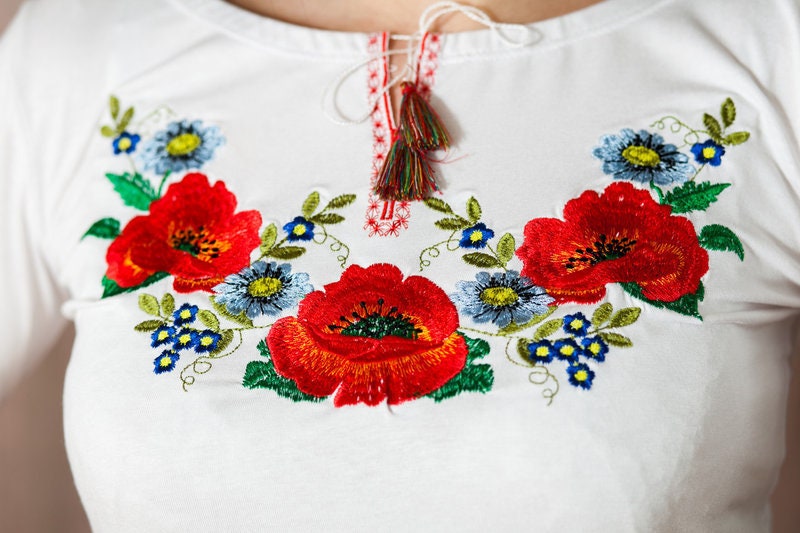 Sizes L-XXL. White Blouse with Red Poppy and Cornflower Embroidery - Folk Long Sleeve Top