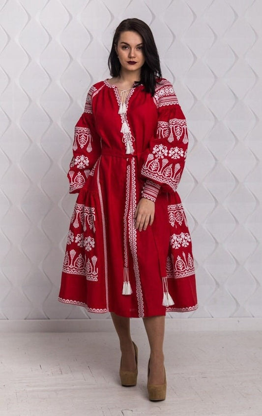 Size 6US! Embroidered Red Midi Dress - Ukrainian White Embroidery Boho Dress - Chic Stylish Midi Outfit