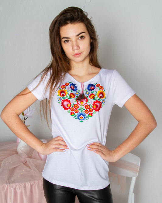Sizes S-4XL. Heart Floral Embroidered T-Shirt – White Boho Tee with Ukrainian & Mexican Folk Stitch, Botanical Embroidery & Colorful Tassel Accent