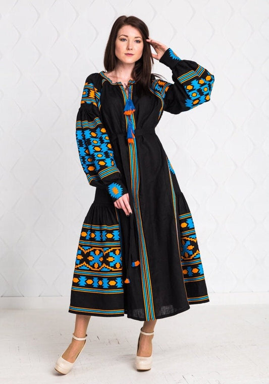 Size 2US//34EU//XS! Bohemian Embroidered Black Maxi Dress – Ukrainian Folk Long Sleeve Gown with Geometric Pattern and Tassel Detail, Handmade Ethnic Fashion