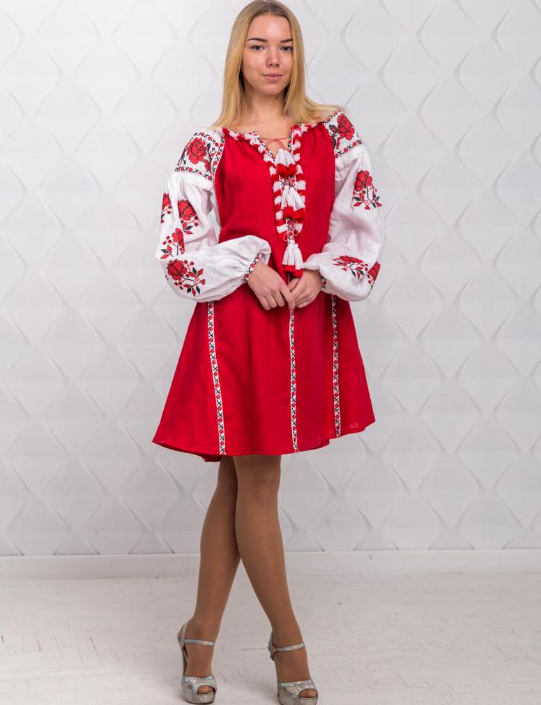 Size 4US! Red Floral Embroidered Linen Dress - Ukrainian Folk Vyshyvanka
