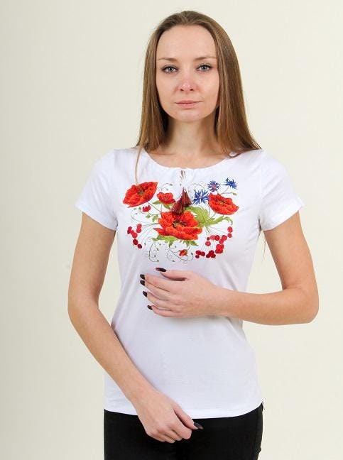 Size S. White Boho Embroidered T-Shirt - Ukrainian Vyshyvanka with Red Poppies and Blue Cornflowers