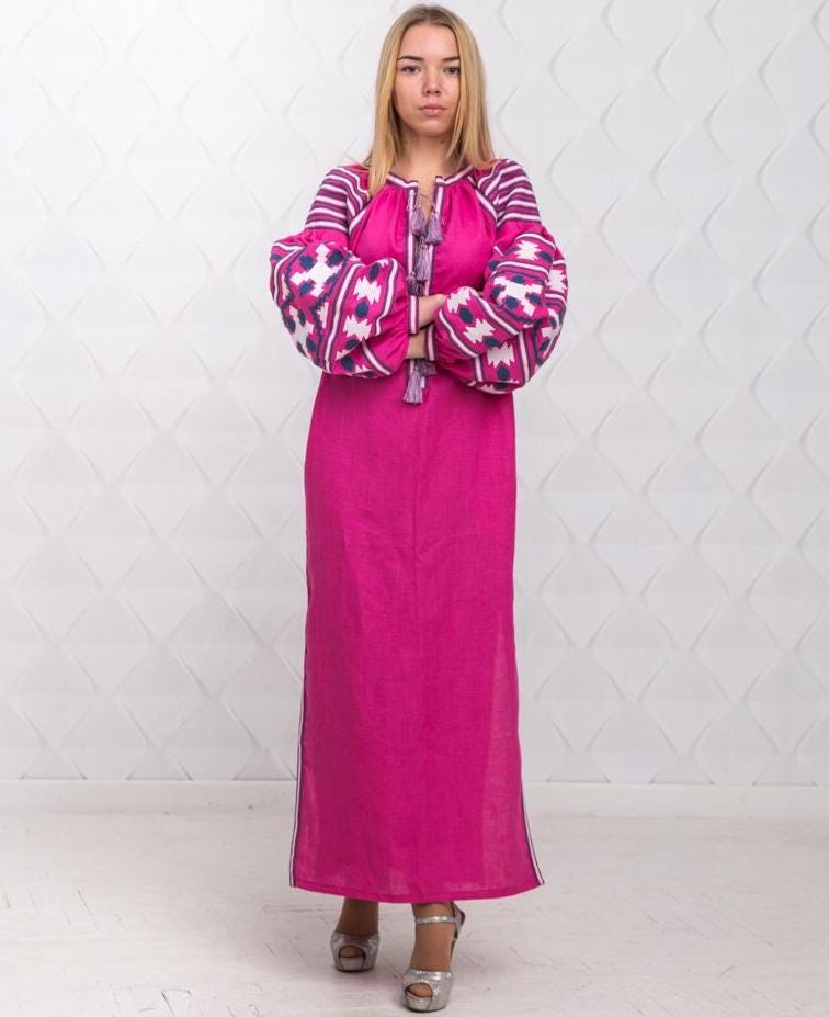 Size 4US/S! Fuchsia Linen Embroidered Dress with Tassels - Ukrainian Folk Maxi Dress