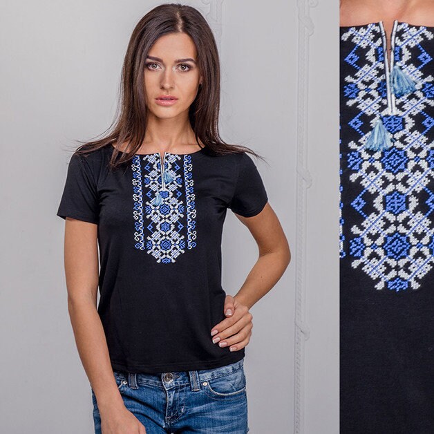 Sizes M,XL,2XL. Black Ladies T-Shirt Vyshyvanka - Boho Tops for Women