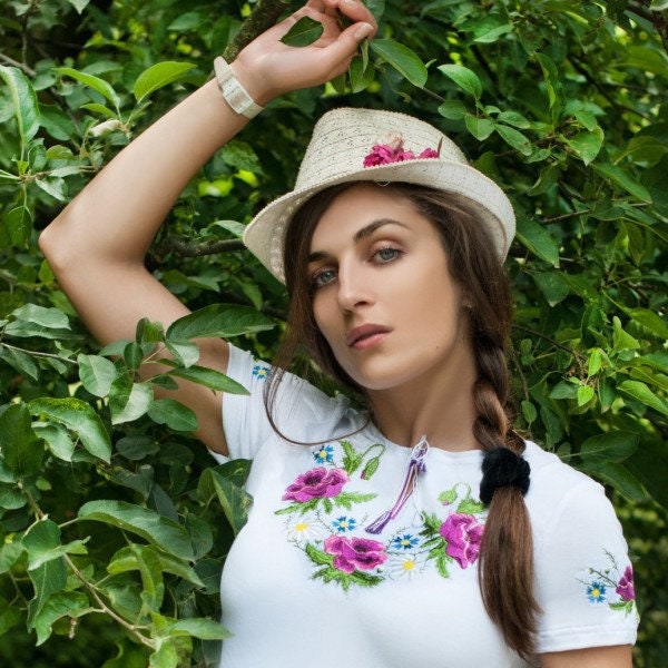Size S. Ladies' Boho T-Shirt. Vyshyvanka Top for Women. Vegan Embroidered Shirt. Ukrainian Gift for Her. Colorful Women's Tee. Fun Casual T-Shirt