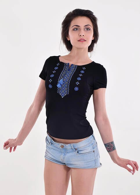 Size 3XL. Vyshyvanka Top - Black Embroidered Shirt with Blue Ornament - Short Sleeve Boho Tee