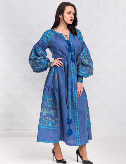 Size M! Blue Linen Embroidered Dress with Tassels - Ukrainian Folk Maxi Dress