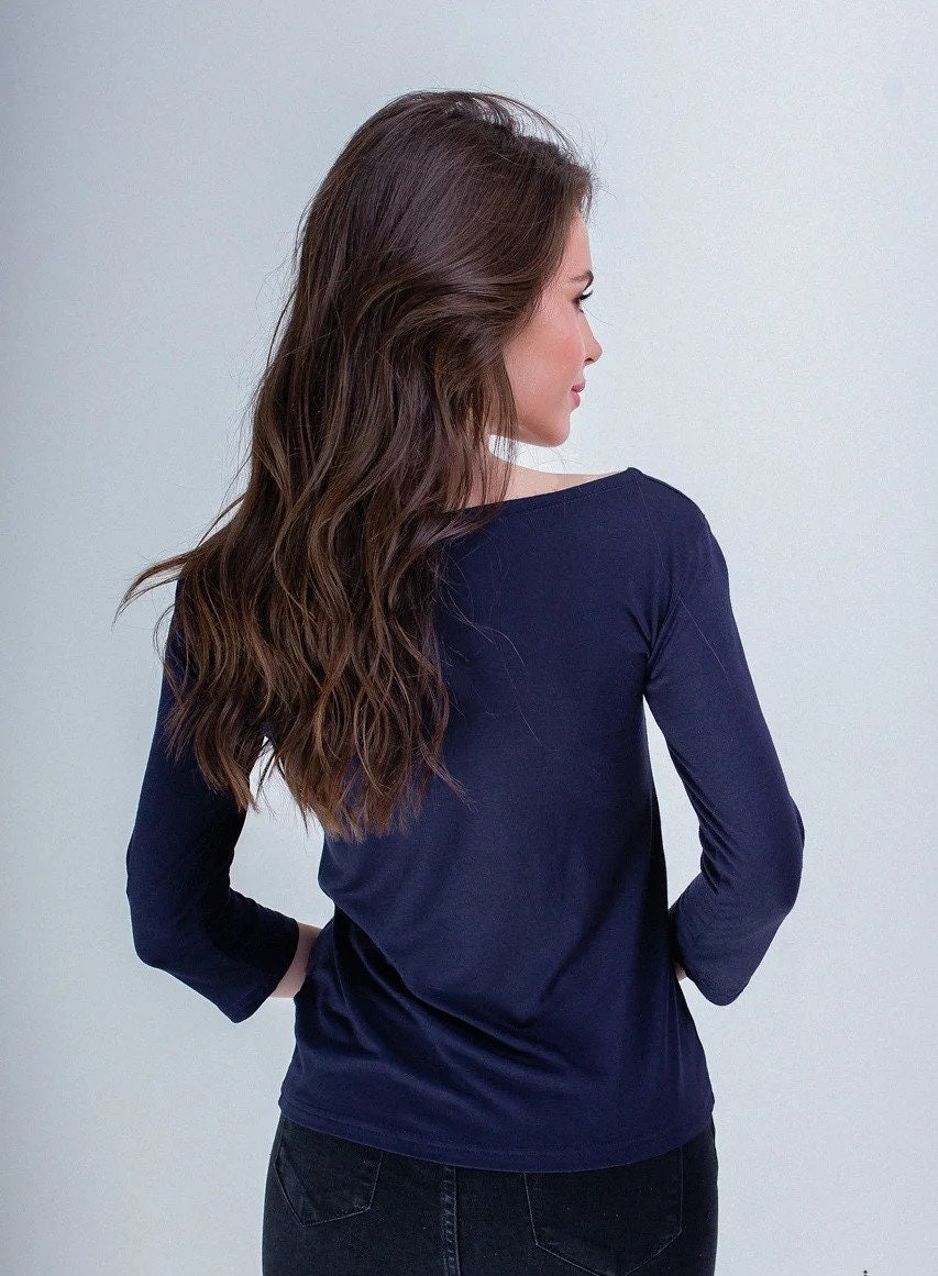 Sizes S-XXL. Navy Blue Floral Embroidered Blouse – Botanical Folk Long Sleeve Top