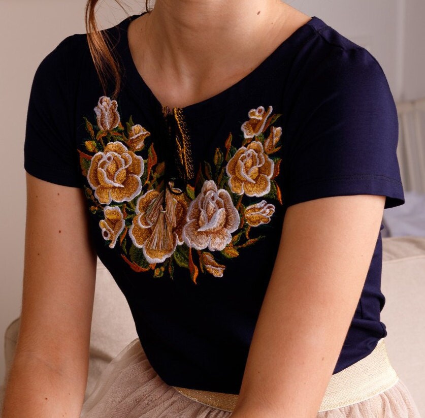 Sizes S-3XL. Ukrainian Embroidered Navy T-Shirt. Traditional Mexican Shirt. Summer Boho Clothes. Gift for Her. Cute Women's Tops. Daughter Gift. Tee