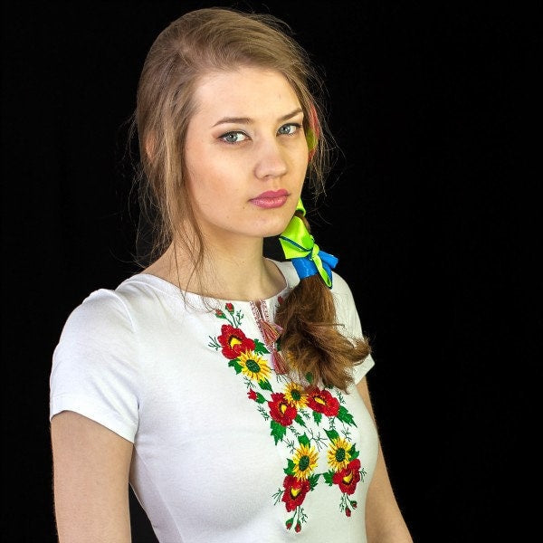 Sizes S,XL,XXL. White T-Shirt with Floral Embroidery - Mexican Sunflower Blouse