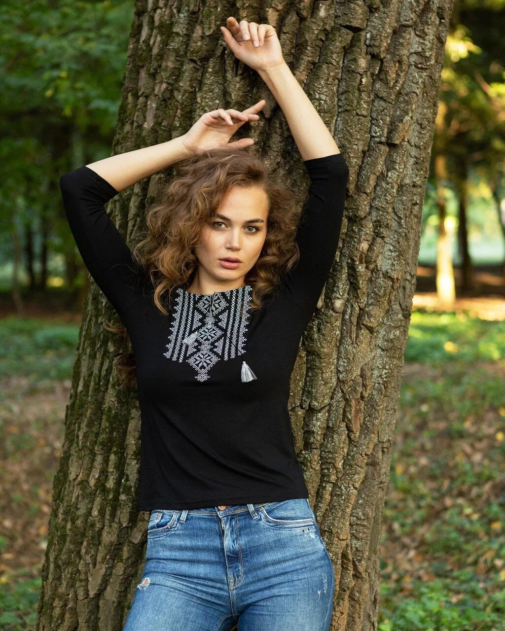 Sizes S-3XL. Black Folk Embroidered Blouse – Minimalist Ukrainian Cross-Stitch Elegance