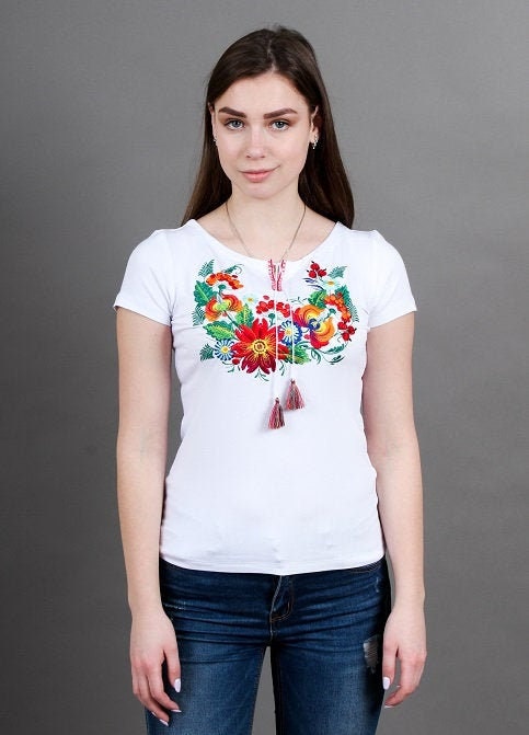 S,L-4XL. White Hippie Botanical Tee - White T-Shirt with Vibrant Folk Embroidery