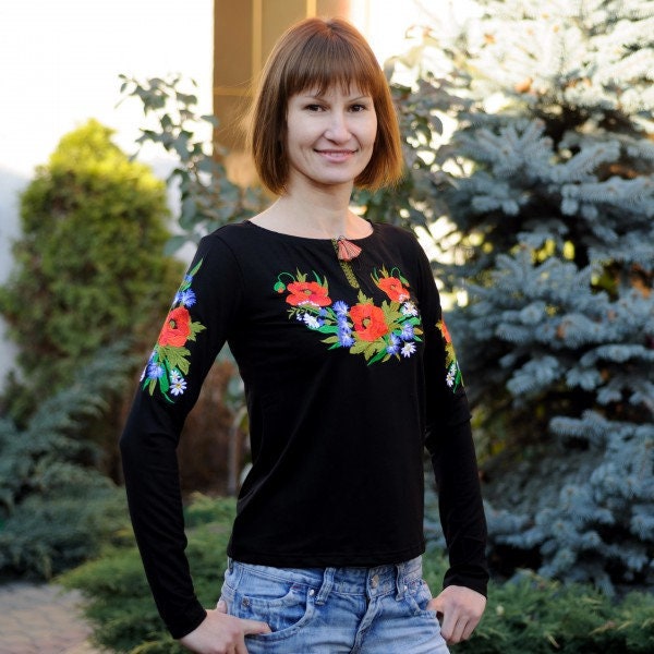 Sizes S,M,L. Women's Folk Black Blouse - Boho Embroidered Tee - Casual Fashion Top - Elegant Women's T-Shirt - Stylish Black Shirt