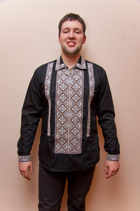 Size L! Black Ukrainian Embroidered Shirt for Men - Traditional Folk Vyshyvanka