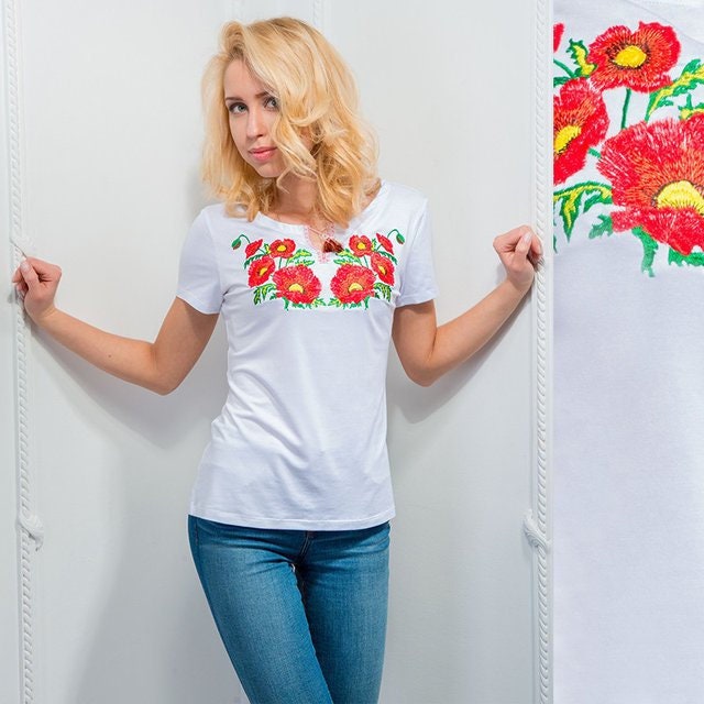 Size 3XL. White Embroidered Floral T-Shirt – Handmade Ukrainian Folk Tee with Red Poppies, Botanical Stitch, and Boho Ethnic Charm