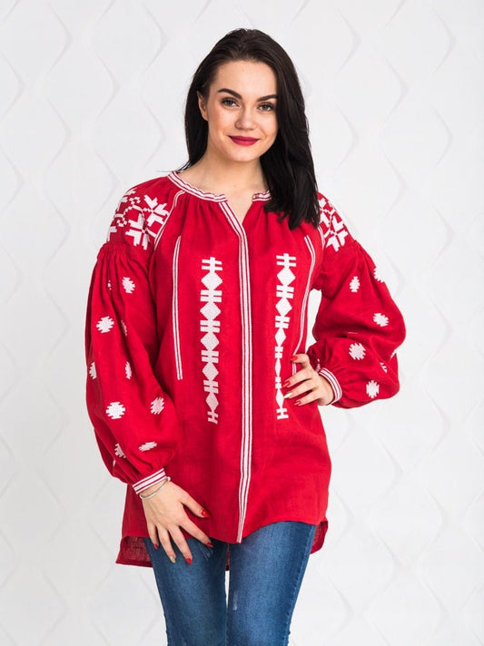 Size 8US//40EU! Red Linen Embroidered Blouse Vyshyvanka – Boho Chic Mexican Folk Top, Ethnic Bohemian Fashion