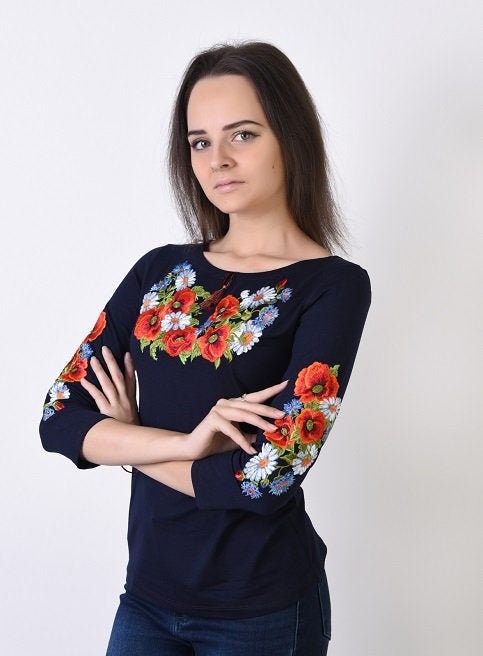 Sizes S,M. Navy Women's Shirt. Floral Embroidered T-Shirt. Bohemian Mexican Top. Ethnic Flower Tee. Folk Chic Soft Blouse. Dark Blue Vyshyvanka