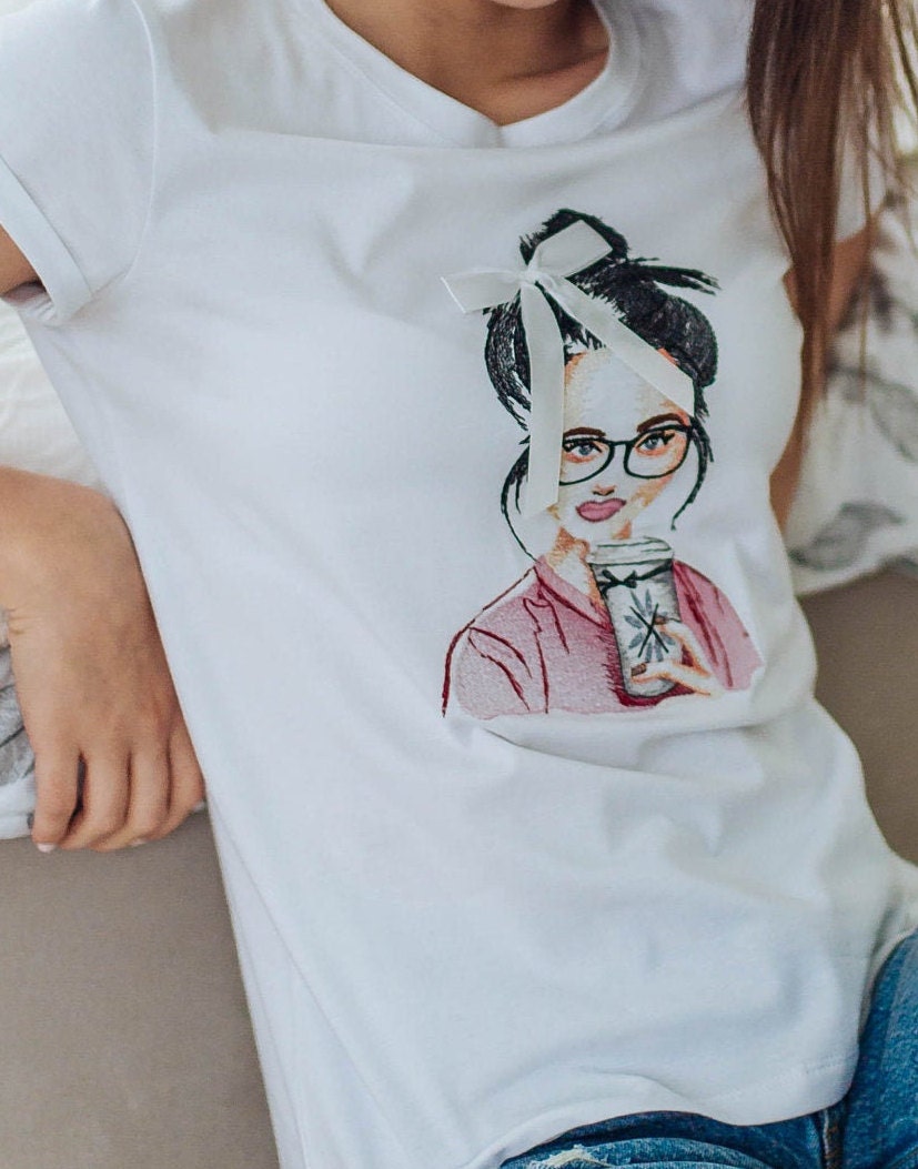 Sizes L,XXL. Casual Cute T-Shirt - White T-shirt with embroidered coffee girl illustration and bow