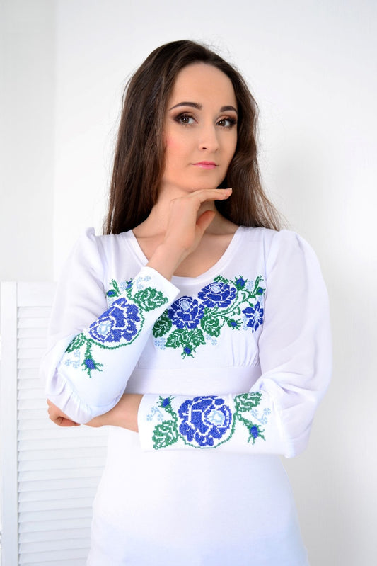 Size S. White Botanical Women's Blouse - Embroidered Boho Top