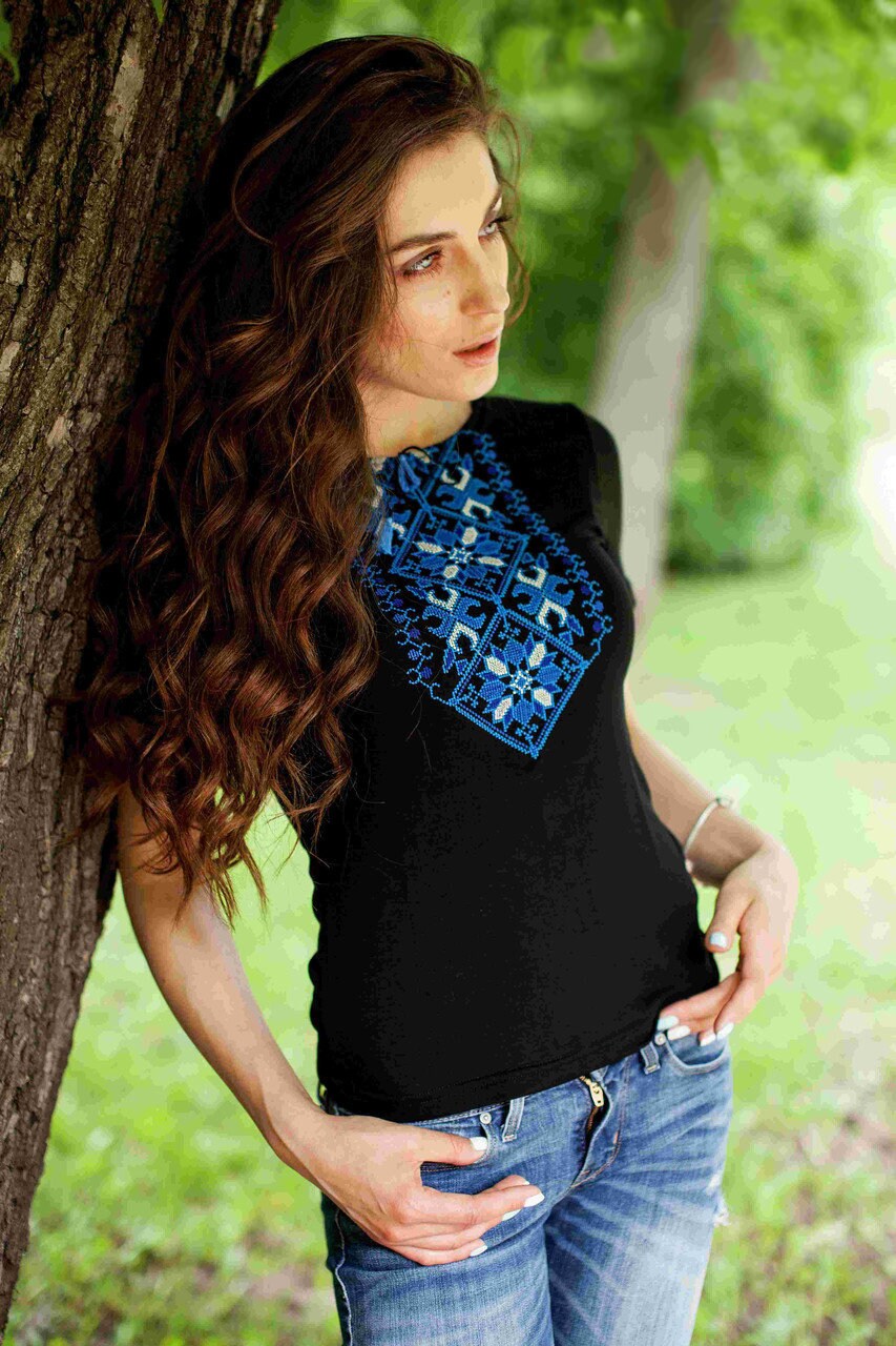 Sizes M-5XL. Black Boho Top. Vyshyvanka T-Shirt. Ukrainian Embroidered Top. Blue Ornament Shirt. Anniversary Gift Top. Polish Folk Tee. Mexican Blouse