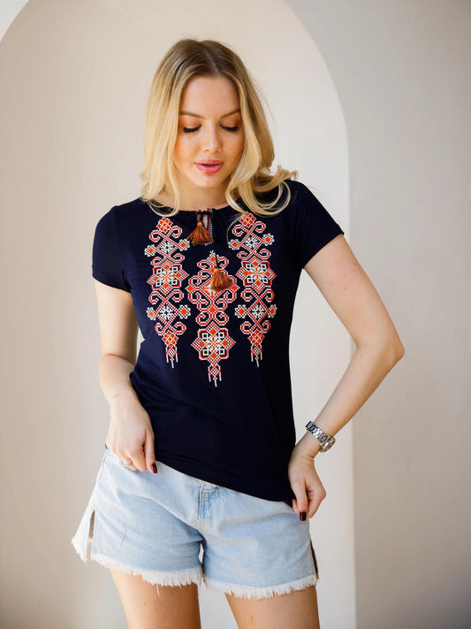 Sizes M-3XL. Navy T-shirt with Red Geometric Embroidery - Ukrainian Folk Blouse