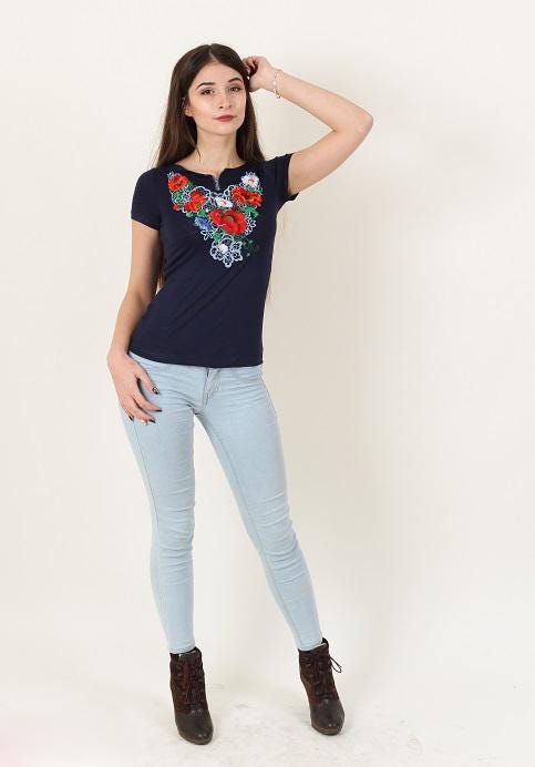 Sizes S,M. Navy Bohemian Floral Top - Stylish Embroidered Tee - Chic Botanical Hippie T-shirt