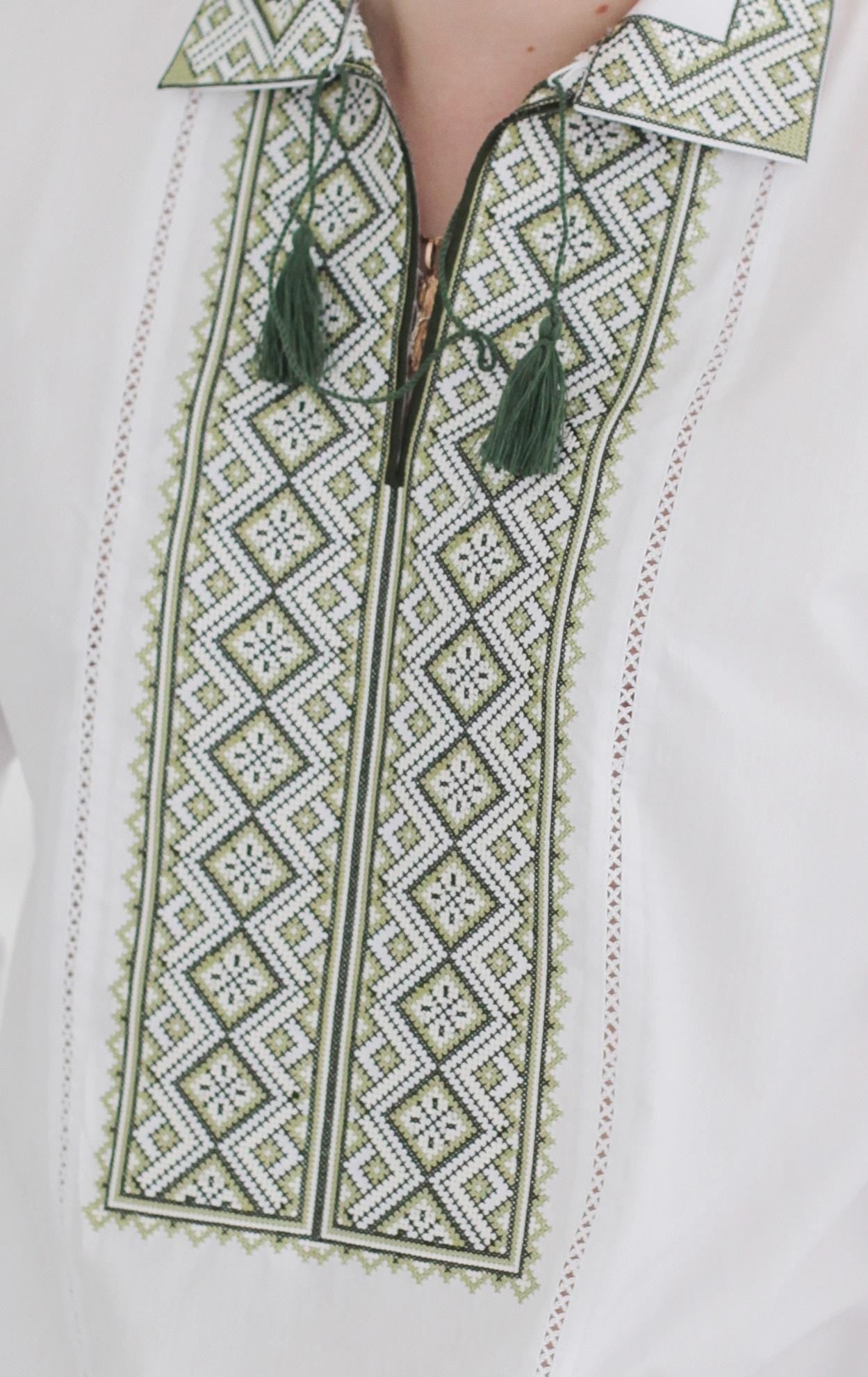 Size M! White Folklore Shirt with Green Geometric Embroidery - Men's Embroidered Ukrainian Shirt