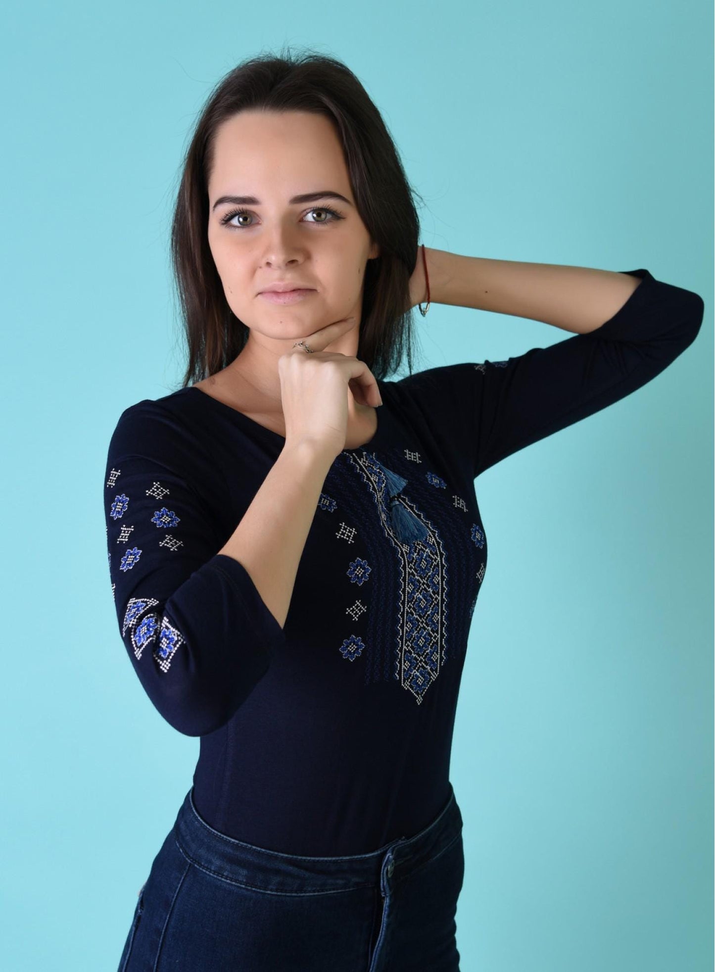 Sizes S,M. Navy blue embroidered folklore blouse, bohemian floral top, Ukrainian vyshyvanka shirt, boho chic top, folk nouveau fashion T-shirt