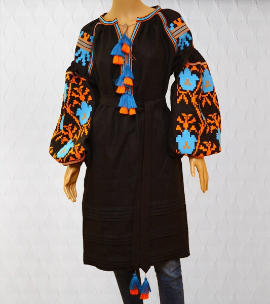 Size 4US//36EU! Black Mini Linen Dress - Short Embroidered Dress - Mexican Folk Black Gown