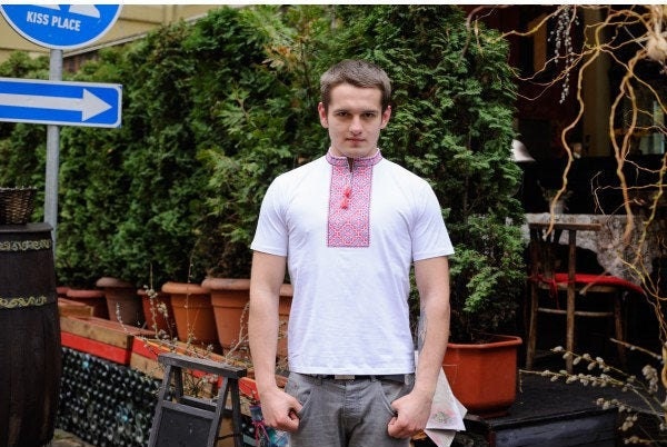 Size S. Ukraine Embroidered T-shirt - Coton White Mens Shirt - Traditiona Embroidery Shirt