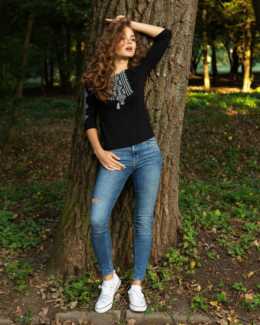 Sizes S-3XL. Black Folk Embroidered Blouse – Minimalist Ukrainian Cross-Stitch Elegance