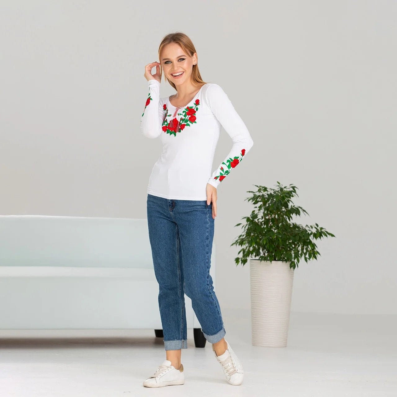 Sizes S,L,3XL. White Blouse with Red Rose Embroidery - Ukrainian Floral Folk Shirt