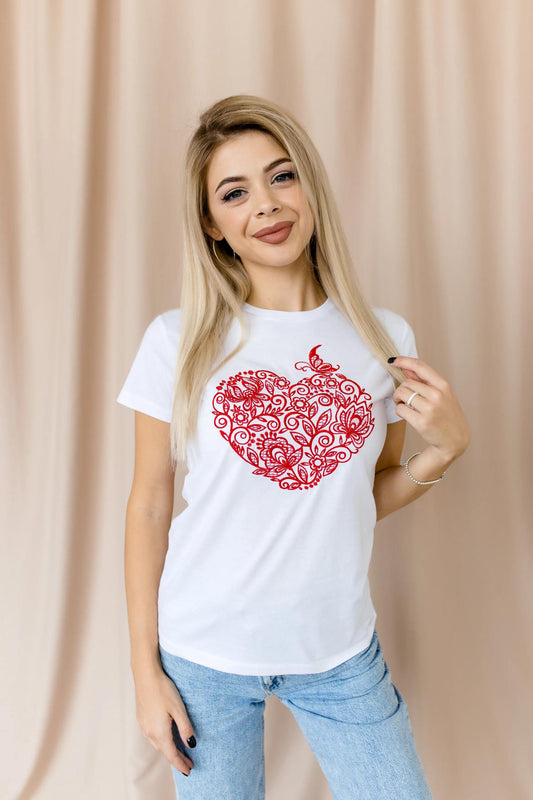 Size S. Embroidered White T-Shirt with Red Heart Design