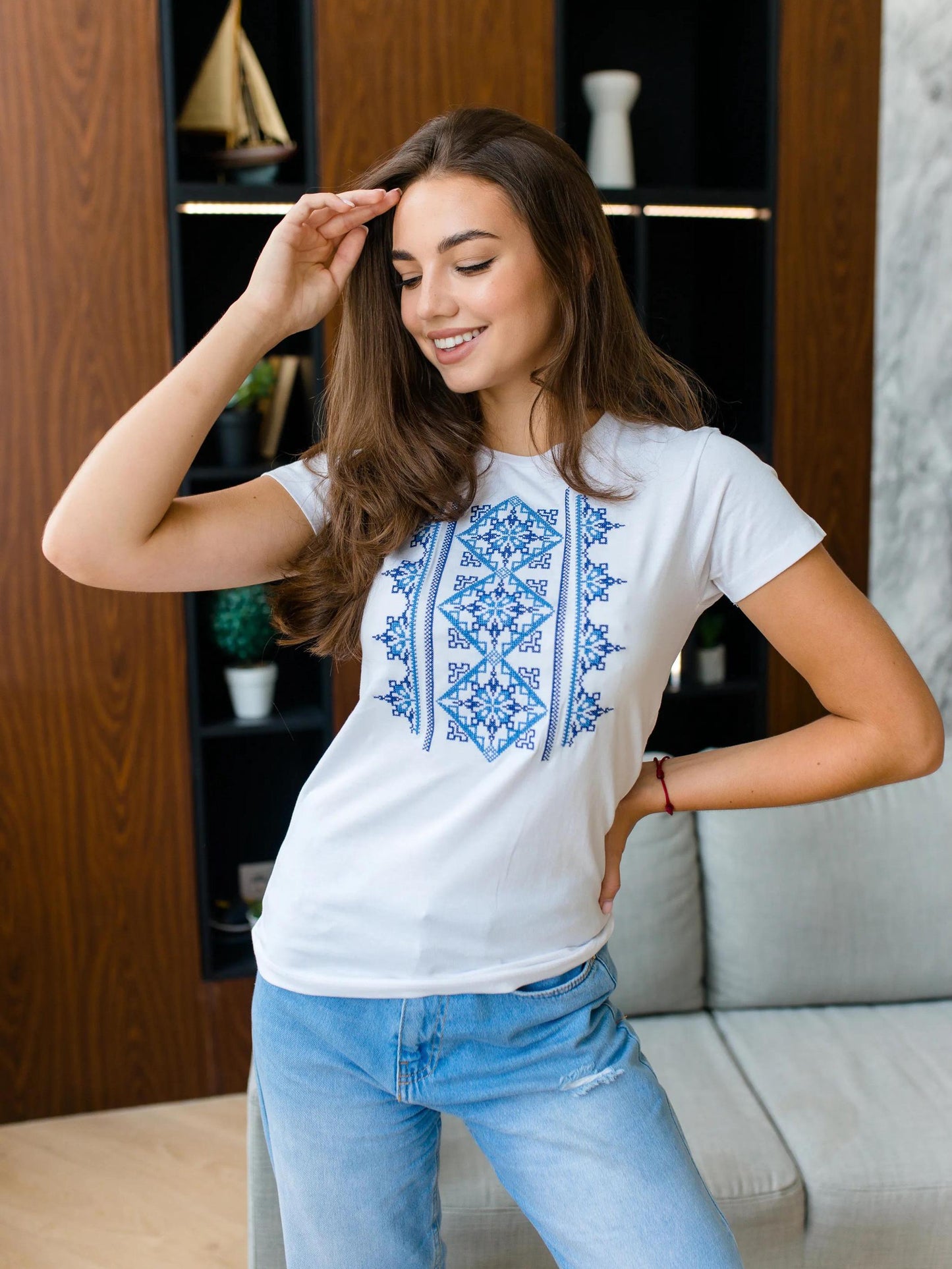 Size S. White Embroidered T-shirt with Blue Geometric Patterns. Folklore-Inspired Casual Tee. Ukrainian Women's Boho Top. Stylish Casual Shirt