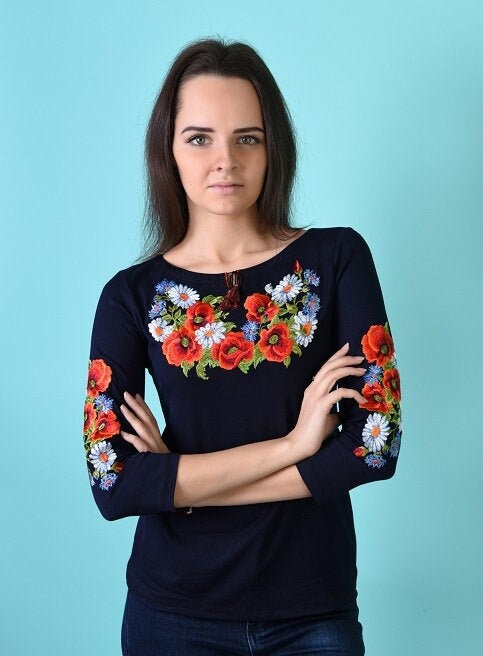 Sizes S,M. Navy Women's Shirt. Floral Embroidered T-Shirt. Bohemian Mexican Top. Ethnic Flower Tee. Folk Chic Soft Blouse. Dark Blue Vyshyvanka