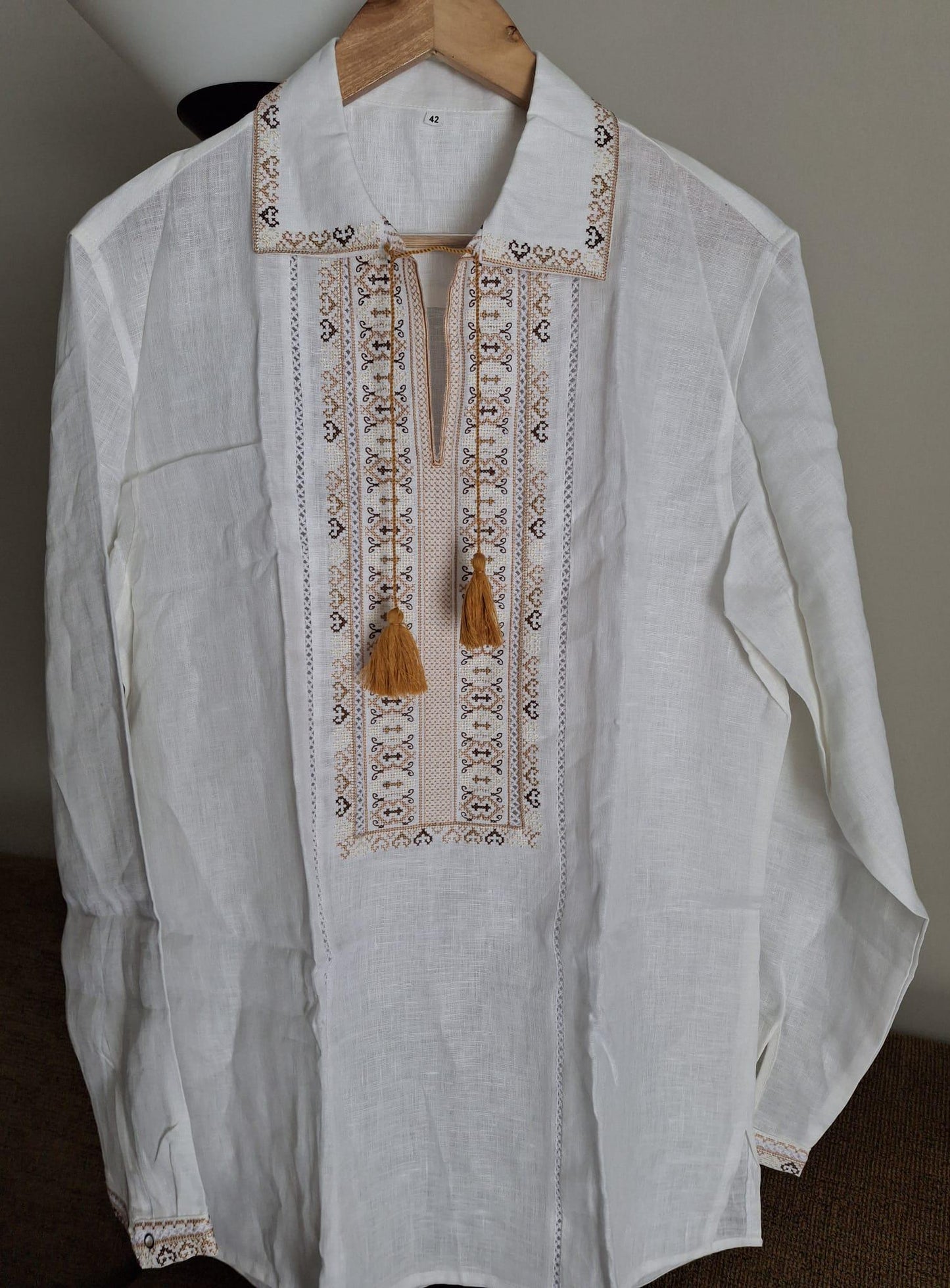 Size L! Men's White Linen Shirt with Beige Ukrainian Embroidery - Elegant Ethnic Men's Embroidered Linen Shirt