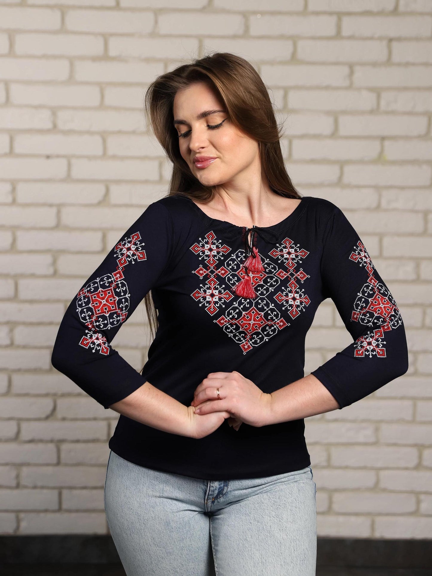 Sizes S-4XL. Navy Blue Fashion Tee with Red and White Embroidery - Stylish Bohemian FolkloreTop
