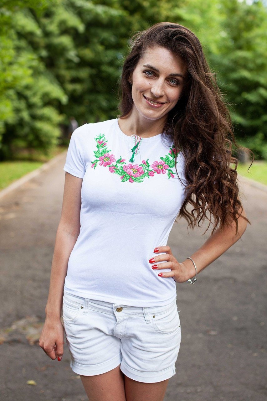 Size XL. White Embroidered Shirt. Vyshyvanka T-Shirt. Gift for Women. Bachelorette Party Gift. Short Sleeve Tee. Daughter's Gift. Girls Boho Top
